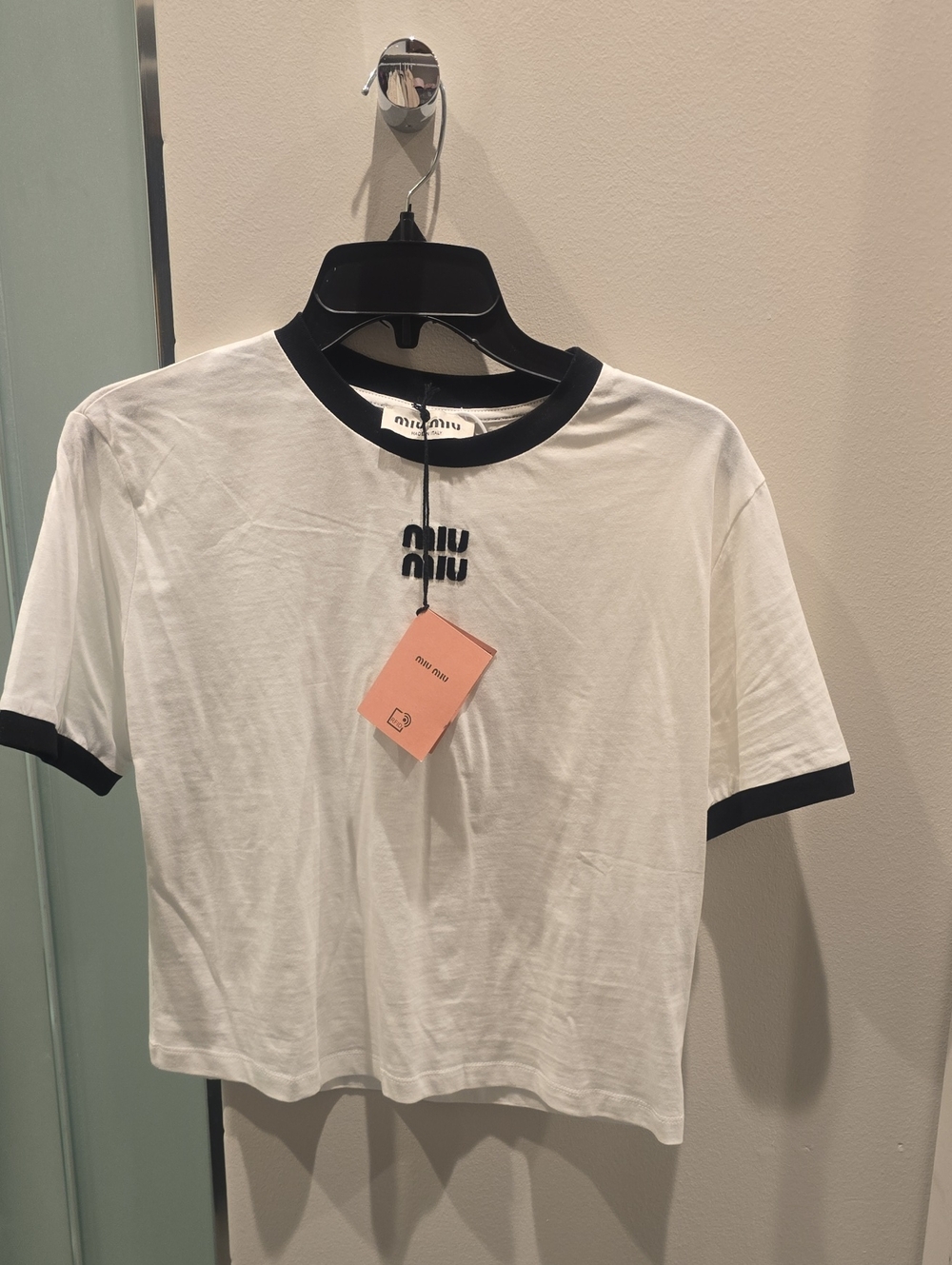 Miu Miu White Cotton Ringer Tee with Black Trim